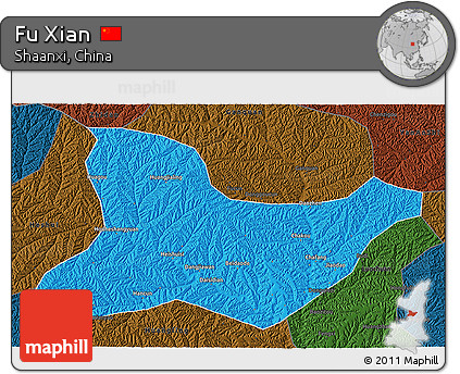 Political 3D Map of Fu Xian, darken