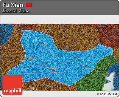 Political 3D Map of Fu Xian, darken