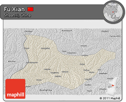 Shaded Relief 3D Map of Fu Xian, desaturated