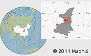 Savanna Style Location Map of Fu Xian, highlighted country, highlighted parent region, hill shading