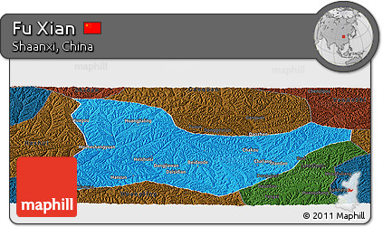 Political Panoramic Map of Fu Xian, darken