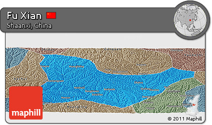 Political Panoramic Map of Fu Xian, semi-desaturated