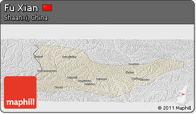 Shaded Relief Panoramic Map of Fu Xian, lighten, desaturated