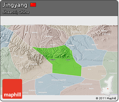 Political 3D Map of Jingyang, lighten, semi-desaturated