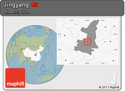 Savanna Style Location Map of Jingyang, highlighted country, highlighted parent region, hill shading