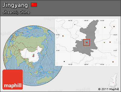 Savanna Style Location Map of Jingyang, highlighted country, highlighted parent region, hill shading