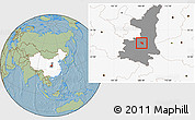Savanna Style Location Map of Jingyang, highlighted country, highlighted parent region, hill shading