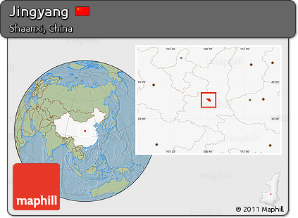 Savanna Style Location Map of Jingyang, highlighted country, hill shading