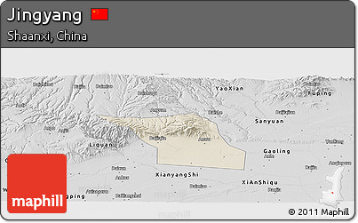 Shaded Relief Panoramic Map of Jingyang, desaturated