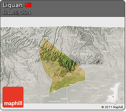 Satellite 3D Map of Liquan, lighten, semi-desaturated