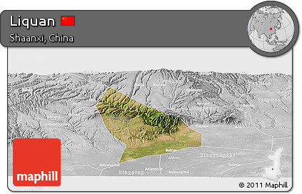 Satellite Panoramic Map of Liquan, lighten, desaturated