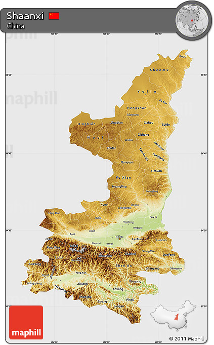 Physical Map of Shaanxi, single color outside