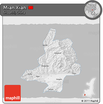 Gray 3D Map of Mian Xian, single color outside