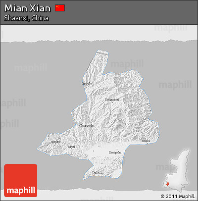 Gray 3D Map of Mian Xian, single color outside