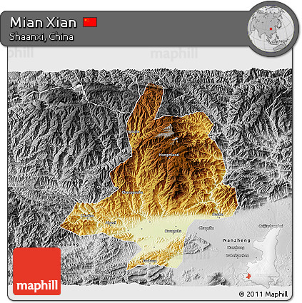 Physical 3D Map of Mian Xian, desaturated