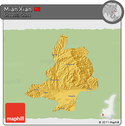 Savanna Style 3D Map of Mian Xian, single color outside