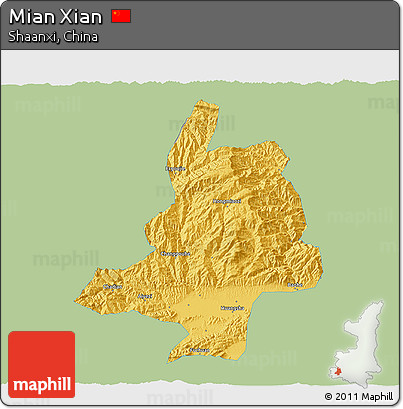 Savanna Style 3D Map of Mian Xian, single color outside