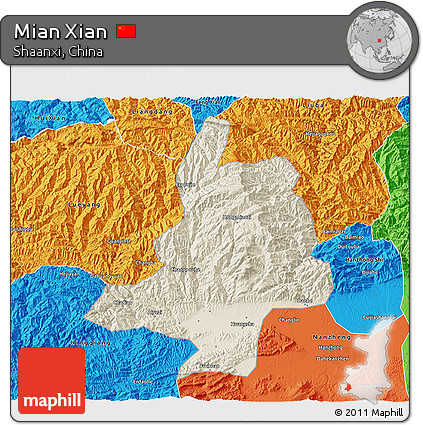Shaded Relief 3D Map of Mian Xian, political outside