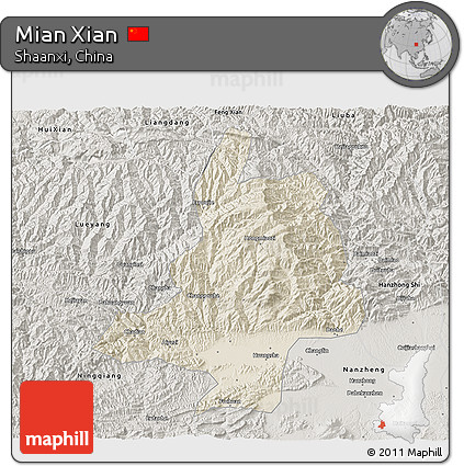 Shaded Relief 3D Map of Mian Xian, semi-desaturated