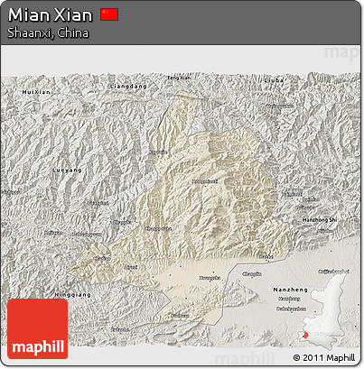 Shaded Relief 3D Map of Mian Xian, semi-desaturated