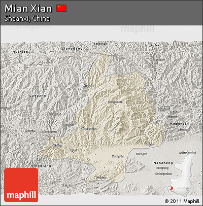 Shaded Relief 3D Map of Mian Xian, semi-desaturated