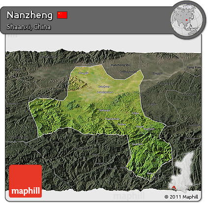 Satellite 3D Map of Nanzheng, darken, semi-desaturated