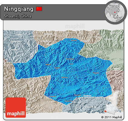 Political 3D Map of Ningqiang, lighten, semi-desaturated