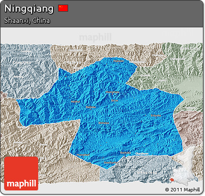 Political 3D Map of Ningqiang, lighten, semi-desaturated