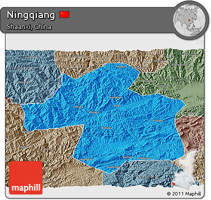 Political 3D Map of Ningqiang, semi-desaturated