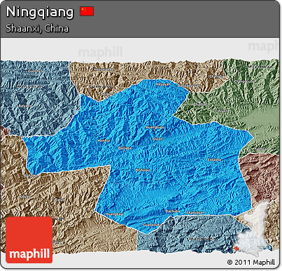Political 3D Map of Ningqiang, semi-desaturated