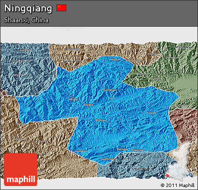 Political 3D Map of Ningqiang, semi-desaturated