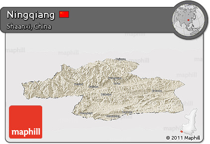 Shaded Relief Panoramic Map of Ningqiang, cropped outside