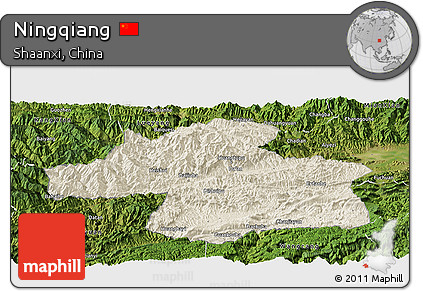 Shaded Relief Panoramic Map of Ningqiang, satellite outside