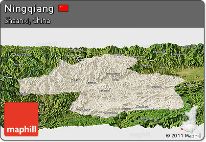 Shaded Relief Panoramic Map of Ningqiang, satellite outside