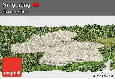 Shaded Relief Panoramic Map of Ningqiang, satellite outside