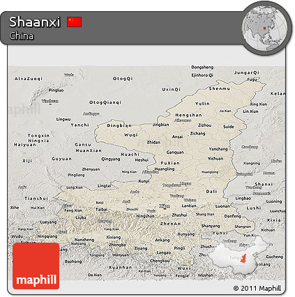 Shaded Relief Panoramic Map of Shaanxi, semi-desaturated