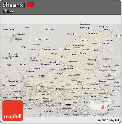 Shaded Relief Panoramic Map of Shaanxi, semi-desaturated