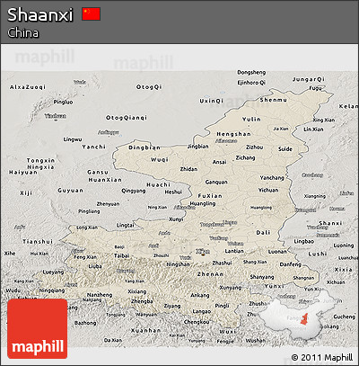 Shaded Relief Panoramic Map of Shaanxi, semi-desaturated