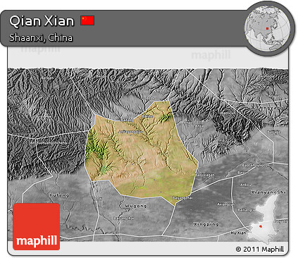Satellite 3D Map of Qian Xian, desaturated