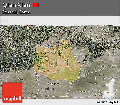 Satellite 3D Map of Qian Xian, semi-desaturated