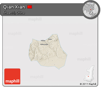 Shaded Relief 3D Map of Qian Xian, single color outside
