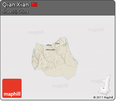 Shaded Relief 3D Map of Qian Xian, single color outside