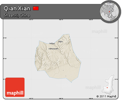 Shaded Relief Map of Qian Xian, single color outside