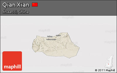 Shaded Relief Panoramic Map of Qian Xian, cropped outside