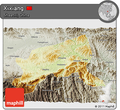 Physical 3D Map of Xixiang, semi-desaturated