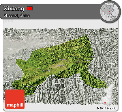 Satellite 3D Map of Xixiang, lighten, semi-desaturated