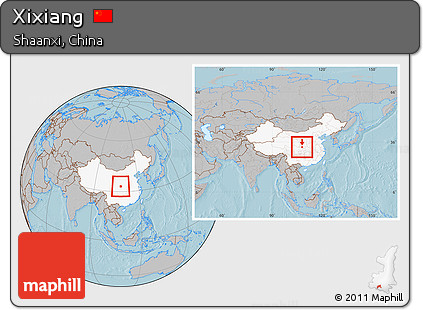 Gray Location Map of Xixiang, highlighted country, within the entire country, hill shading