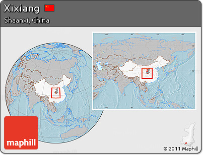 Gray Location Map of Xixiang, highlighted country, highlighted parent region, within the entire country, hill shading