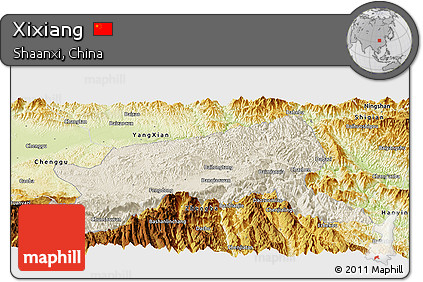 Shaded Relief Panoramic Map of Xixiang, physical outside
