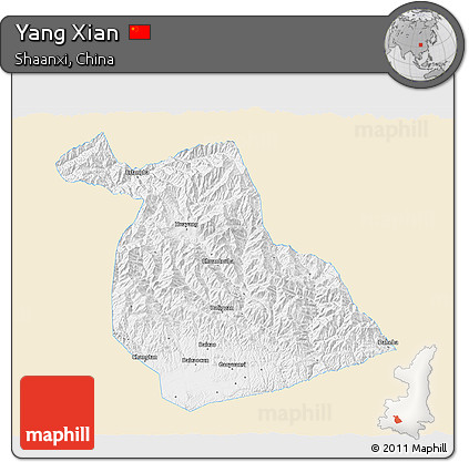 Classic Style 3D Map of Yang Xian, single color outside